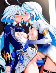 2girls ai_generated blue_eyes blush breast_grab breasts breasts_out costume daughter dildo dildo_in_pussy dress focalors_(genshin_impact) furina_(genshin_impact) genshin_impact gloves grabbing grabbing_breasts hand_on_breast hand_on_hip hat incest kissing lesbian_kiss lesbian_sex light_blue_hair long_hair long_sleeves looking_at_another mother mother_and_daughter multicolored_hair nipples open_mouth pussy saliva sex sex_from_behind small_breasts strap-on susus_bakus tongue tongue_out vaginal_penetration yuri yuri