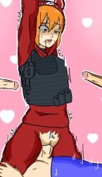 arsenal_(rolve) artist_request bulletproof_vest defeated defeated_heroine drooling held_by_legs orange_hair rape raped raped_by_enemy red_eyes red_panda red_panda_(rolve) roblox robloxian rolve source_request sweat tears tied_hands torn_clothes