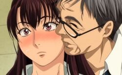 10s 2014 age_difference animated animated blush cheek-to-cheek chi_kurata_(konna_ni_yasashiku_sareta_no) close-up glasses grey_hair heads_together indoors konna_ni_yasashiku_sareta_no long_hair neck old old_man older_man_and_younger_girl red_eyes salaryman shirai_(konna_ni_yasashiku_sareta_no) shirt sweatdrop tagme white_shirt