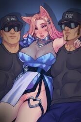 1girls 2boys ahri animal_ears drunk female fizzz kemonomimi large_breasts league_of_legends male nipples_visible_through_clothing pussy see-through voluptuous wardrobe_malfunction