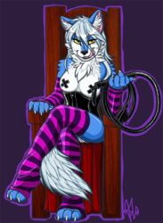 anthro blue_fur canine fangs female fur furry licking licking_lips looking_at_viewer nipple_tape pussy sage116 sitting skimpy solo tongue whip wolf