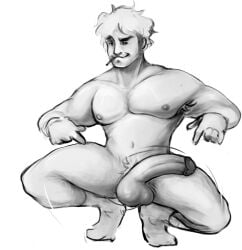 1boy armpit_hair armpits balls balls_swinging bara bara_tits big_balls big_penis big_thighs blush cigarette cigarette_in_mouth erection eye_contact foreskin gay glasses guzma_(pokemon) gym_leader hairy hairy_armpits male_focus male_nipples male_only male_pubic_hair masculine motion_lines nintendo pointing pointing_at_penis pointing_at_self pokemon pokemon_sm proud pubic_hair seductive_look semi-erect simple_background socks socks_only solo solo_male sparkles squatting swinging swinging_balls swinging_penis thick_eyebrows thick_legs uncut white_hair yaoi