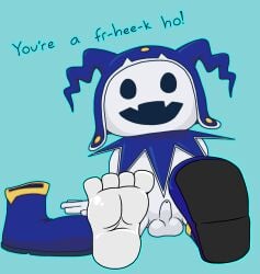 4_toes anthro atlus balls blue_clothing blue_hat blue_headwear clothing demon demon_humanoid dialogue exclamation_point feet foot_fetish foot_focus footwear genitals hat headgear headwear hi_res humanoid imp jack_frost_(megami_tensei) male megami_tensei one_shoe_on open_mouth open_smile penis scary_lemon sega shoes simple_background smile snowman solo text toes white_body white_skin