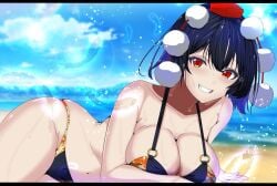 artist_request beach black_hair breasts cleavage feathers female not_porn pillow_shading red_eyes sfw shameimaru_aya smile touhou