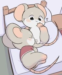 animal_humanoid balls bed bedroom closed_eyes cub happy legs_up mouse_humanoid smile sucking_penis