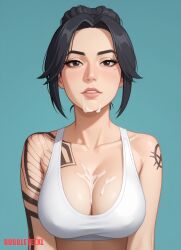 after_fellatio ai_assisted ai_generated arm_tattoo bubbleteexl crop_top cum_between_breasts cum_on_breasts cum_on_chin dani_nakamura game halter_top karen_fukuhara shoulder_tattoo tattoos the_callisto_protocol white_crop_top white_halter_top