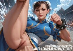 1girls ai_generated badkarmastudio big_breasts bottomless brown_eyes brown_hair chun-li earrings exposed exposed_pussy female female_only fighting fighting_stance fist flashing flashing_pussy hair_bun hair_ornament kick kicking leg_up legs looking_at_viewer martial_arts muscular_thighs patreon_username pose pussy qipao self_upload showing_pussy solo solo_female spiked_bracelet street_fighter thick_thighs vagina