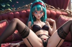 1girls ai_generated aqua_hair artist_name bare_shoulders black_bra black_panties black_thighhighs blue_eyes blue_hair bow bow_bra bow_panties bra bra_(dragon_ball) bra_briefs breasts bulma_briefs cameltoe choker collarbone couch curtains dragon_ball dragon_ball_gt earrings eyelashes female flower garter_belt garter_straps hairband hi_res hoop_earrings indoors jewelry lingerie lips long_hair looking_at_viewer medium_breasts navel panties parted_lips patreon_logo patreon_username petals pillow plant progenarts reclining red_bow red_hairband ring sitting solo spread_legs stomach thighhighs underwear underwear_only web_address window
