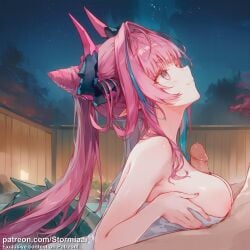 1boy ai_generated arknights arknights:_endfield boobjob elf female female_focus hot_spring looking_up paizuri penis penis_between_breasts pink_hair side_view smile stormiaart towel_only watermark yvonne_(arknights_endfield)