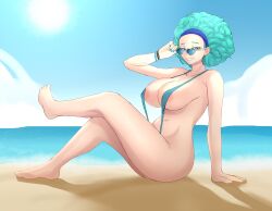 adjusting_eyewear afro beach blue_nails bulma_(afro) bulma_briefs dragon_ball heart_shaped_sunglasses looking_over_eyewear looking_over_sunglasses sling_bikini sunglasses tinted_eyewear