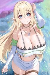 1girls absurdres aria_(beheneko) blonde_hair blue_eyes blush breasts choker cleavage elf fluffyebi01 highres huge_breasts jewelry long_hair looking_at_viewer navel necklace pointy_ears s-rank_monster_no_"behemoth"_dakedo_neko_to_machigawarete_elf_musume_no_pet_toshite_kurashitemasu skirt smile solo thigh_strap white_skirt