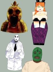 2boys 2girls alex_(minecraft) big_boobs big_breasts boobs breasts bunny_ears bunnysuit chica_(fnaf) female_focus five_nights_at_freddy's grey_background huge_boobs huge_breasts minecraft nervous simple_background spinarooz sweat sweatdrop sweating sweaty tagme tagme_(character) tits