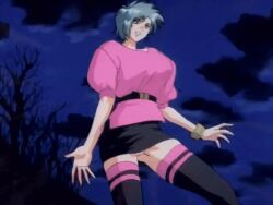 1990 1990s_(style) 1996 amano_megumi_(urotsukidouji) animated animated belt black_thighhighs blue_eyes bracelet female female_focus green_hair jewelry lowres miniskirt nipples retro_artstyle short_hair skirt sleeves_pushed_up solo sweater tagme thighhighs urotsukidouji zettai_ryouiki