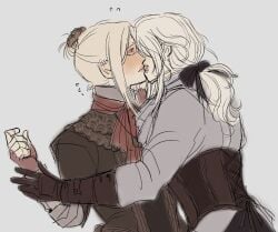 bloodborne blush clothed clothes clothing doppelganger failentineland fromsoftware gloves kissing lady_maria_of_the_astral_clocktower plain_doll ponytail white_hair yuri