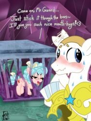 age_difference blush blushing cage cozy_glow_(mlp) imminent_oral imminent_sex inkdoll my_little_pony royal_guard_(mlp) saliva suggestive suggestive_look teasing temptation younger_female