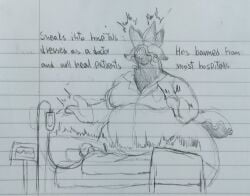 anthro clothed concept_art drawing healing hospital hospital_bed hospital_room lore male medical_equipment moobs no_sex not_porn overweight_anthro overweight_male slug the_mender_(zeblackballd) ze_blackball.d zeblackballd_(artist)