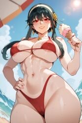 1girls ai_generated anteslope areola areola_slip ass beach big_breasts bikini bikini_bottom bikini_top curvy curvy_female ice_cream nipples_visible_through_clothing red_bikini red_eyes solo yor_briar yor_forger