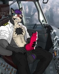 aircraft airplane animal_genitalia animal_penis anthro balls big_balls bodily_fluids body_hair canid canine canine_genitalia canine_penis canis caught_in_the_act caught_masturbating chest_hair clothing cockpit cum fur genital_fluids genitals grey_body grey_fur hair male male_focus male_only mammal masturbation nicolasthewolf penis pilot purple_hair solo uniform vehicle wolf