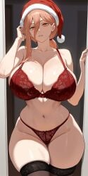 ai_generated big_ass big_breasts bra breasts christmas looking_at_viewer panties power_(chainsaw_man) red_bra red_hair red_panties underwear