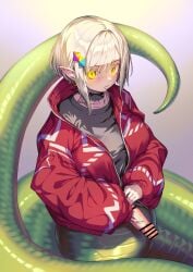 absurdres ayanakitori bar_censor black_collar black_shirt blonde_hair censored collar collarbone commentary_request female futanari gradient_background hair_ornament highres jacket lamia long_sleeves looking_at_viewer monster_girl original penis pointy_ears red_jacket shirt short_hair snake snake_girl solo spiked_collar spikes yellow_eyes