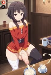 1futa ai_generated balls big_penis black_hair blush clothing cock coffee cum cum_on_food dickgirl erection food foreskin futa_only futanari huge_cock indoors kono_subarashii_sekai_ni_shukufuku_wo! light-skinned_futanari light_skin looking_at_viewer megumin penis precum red_eyes roxygtf short_hair small_breasts smug solo standing