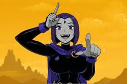 ai_generated big_ass big_breasts cape curvy dc dc_comics female female_focus goth goth_girl leotard loser loser_gesture raven_(dc) rcos sexy solo solo_female solo_focus