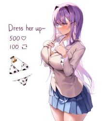 5_fingers big_breasts blue_skirt blush blush breasts doki_doki_literature_club embarrassed embarrassed_female heart_icon long_hair machulanko number numbers purple_bra purple_eyes purple_hair retweet_icon school_uniform schoolgirl schoolgirl_uniform shy skirt strip_game text thick_thighs white_background yuri_(doki_doki_literature_club)