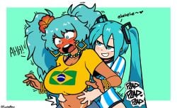 2girls argentina argentinian_miku blue_eyes blue_hair blushing brazil brazilian_miku cartoony constricted_pupils dialogue earrings flower_in_hair grabbing_from_behind grabbing_waist hatsune_miku implied_sex latin_american_hatsune_miku_(meme) long_pigtails lucche motion_lines necklace no_genitals_shown open_mouth plap simple_background smiling suprised tagme tan_body tan_skin tanline tanlines tanned visible_teeth yuri