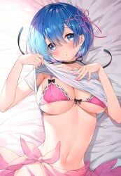 armpit_crease ayamy bare_arms bare_belly bed bed_sheet belly_button big_breasts bikini blue_eyes blue_hair blush breasts choker cleavage collarbone hair_ornament lying micro_bikini nipples_visible_through_clothing parted_lips pink_bikini re:zero_kara_hajimeru_isekai_seikatsu rem_(re:zero) sarong see-through_clothing shirt shirt_lift short_hair sideboob underboob upper_body white_shirt