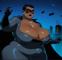 ai_generated amanda_waller batman_(cosplay) bbw bbw_mom big_belly big_breasts black_body black_lipstick chubby chubby_belly chubby_female dc_comics dc_extended_universe huge_breasts matronai_(artist) milf mother overflowing_breasts overweight overweight_female sagging_breasts short_hair spandex_suit superhero_costume thick_ass thick_thighs tight_clothing