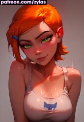 ai_generated ben_10 big_ass big_breasts gwen_tennyson gwen_tennyson_(classic) naked_female pink_nipples pose ryuuziken01 short_hair shy sweat tank_top