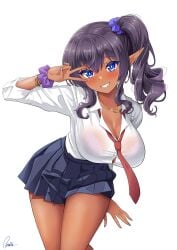 1girls blue_eyes blue_skirt bra bra_visible_through_clothes breasts cleavage collared_shirt dark-skinned_female dark_elf dark_skin elf gal gyaru gyaru_elf gyaru_gal gzanth highres large_breasts leaning_forward long_hair long_sleeves looking_at_viewer loose_necktie miniskirt necktie original partially_unbuttoned pink_bra pleated_skirt pointy_ears purple_hair school_uniform scrunchie shirt simple_background skirt smile solo underwear v white_background white_shirt wrist_scrunchie