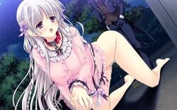 ankoromochi barefoot blush bow breasts censored chains collar female game_cg long_hair night nipples purple_eyes see-through shitsuji_ga_aruji_wo_erabu_toki stars tree veronica_rubenstadt wet white_hair