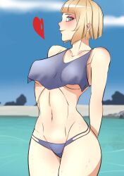 basedbinkie beach beach_background blonde_hair blue_eyes blush chivalry_starved fit_female flayne_la_karrotte_(basedbinkie) human looking_at_viewer nae_shiki panties smile tank_top