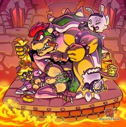 1boy 1girls absurdres animal_ears armlet artist_logo artist_name blonde_hair blue_eyes boo_(mario) bottle bowl bowser bracelet cigar cock_ring collar demondsdrawings elbow_gloves female furry furry_male gloves grabbing_another's_hair high_heels highres horns jewelry koopa lava logo mario_(series) pet_bowl pig_ears pig_girl pig_snout pink_collar pink_thighhighs princess_peach red_hair sex smoking spiked_armlet spiked_bracelet spikes stirrup_legwear testicles thighhighs toeless_legwear vaginal_penetration video_camera white_gloves