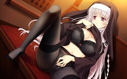 ankoromochi black_bra bra breasts female game_cg long_hair navel nun pantyhose purple_eyes shitsuji_ga_aruji_wo_erabu_toki solo veronica_rubenstadt white_hair