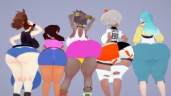 1boy 2futas 2girls ass bea_(pokemon) grusha_(pokemon) hilda_(pokemon) huge_ass hyper_ass justincasepi nintendo olivia_(pokemon) pokemon pokemon_bw pokemon_sm pokemon_ss pokemon_sv pokemon_xy shauna_(pokemon) testicles