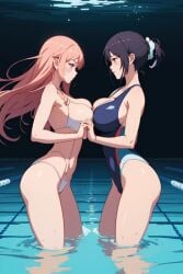 2girls ai_generated black_hair breast_press catfight mutual_yuri pool red_hair sexfight swimsuit swimwear symmetrical_docking yuri