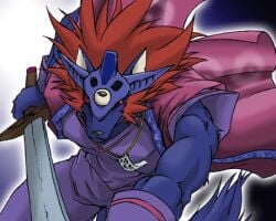 anthrofied bara bara_tits barazoku biceps blue_fur canine clothed japanese_clothes japanese_clothing large_sword male_only mask mask_on_head necklace okami_(capcom) oki_(okami) red_eyes red_hair spiky_hair sword unknown_artist