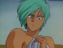 1990s_(style) 1991 amano_megumi_(urotsukidouji) animated animated blanket blue_eyes blush bracelet breasts earrings female female_focus green_hair jewelry lowres medium_breasts nipples pout retro_artstyle short_hair solo tagme urotsukidouji