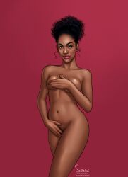 bill_potts black_hair covering_breasts covering_crotch curly_hair dark-skinned_female doctor_who female_only image looking_at_viewer plain_background pubic_hair sassafras solo solo_female solo_focus tagme tied_hair