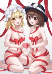 2girls blonde_hair breasts brown_eyes brown_hair female maribel_hearn ramie_(ramie541) renko_usami touhou yellow_eyes