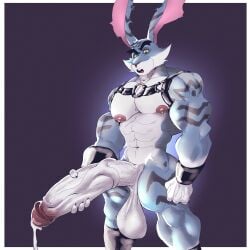 abs anthro balls big_balls big_pecs big_penis bodily_fluids bunnymund clothing cum easter_bunny easter_bunny_(rise_of_the_guardians) genital_fluids genitals glans half-erect hi_res holding_penis huge_balls huge_cock hyper hyper_genitalia hyper_penis insaneeighteen lagomorph leather leather_clothing leporid male male_only mammal masturbation muscular muscular_male nipples pecs penis rabbit rise_of_the_guardians solo tattoo vein veiny_penis