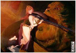 female jabba_the_hutt licking slave_leia_(cosplay) slavegirl tagme tongue_out