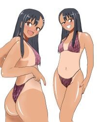 black_hair blush blush brown_eyes fat_ass nagatoro please_don't_bully_me,_nagatoro purple_bikini purple_bikini_bottom purple_bikini_top small_breasts tan_body tan_skin tanline thick_thighs