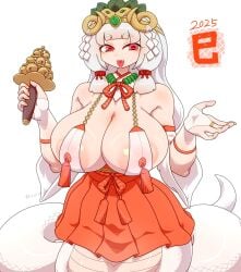 areola_slip fake_horns fangs fingerless_gloves hakama_skirt holding_object horns huge_areolae huge_breasts long_hair new_year new_year_2025 no_legs red_eyes ring snake_girl snake_tail tongue_out white_hair white_tail