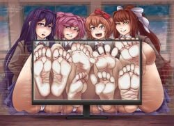 2d 4girls against_surface ass barefoot big_ass big_butt big_feet blue_eyes blue_nails blue_toenails brown_hair clothing computer_screen coral_pink_hair curvaceous curvy curvy_figure doki_doki_literature_club feet feet_up female female_only foot_fetish foot_focus full_color fully_clothed green_eyes green_nails green_toenails long_hair long_toes meaty_soles monika_(doki_doki_literature_club) mostly_clothed nail_polish natsuki_(doki_doki_literature_club) no_penetration oiddra open_mouth panties pink_eyes pink_hair pink_nails pink_toenails presenting_feet purple_eyes purple_hair purple_nails sayori_(doki_doki_literature_club) school_uniform short_hair soles tagme toenail_polish toenails toes wide_hips wrinkled_feet wrinkled_soles yuri_(doki_doki_literature_club)