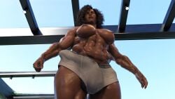 1futa 3d 3d_(artwork) abs ball_slip balls big_balls big_breasts big_bulge blankken breasts briefs bulge bulge_through_clothing curly_hair dark-skinned_futanari dark_skin day daytime enormous_penis erection erection_under_clothes futa_only futanari grey_underwear huge_cock hung_futanari large_breasts low-angle_view massive_penis medium_hair muscular muscular_futanari muscular_legs nipples original_character outside penis_outline solo solo_futa topless underwear underwear_only veiny_arms veiny_muscles