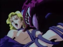 1990s_(style) 1992 animated animated blonde_hair blue_eyes breasts earrings female jewelry large_breasts licking licking_nipple lipstick lowres makeup monster nipple_stimulation nipples one_eye open_clothes retro_artstyle secretary short_hair tagme tongue tongue_out urotsukidouji