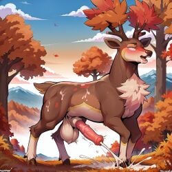 ai_generated animal_genitalia animal_penis antlers balls blush bodily_fluids cervid cum cumshot ejaculation equine_penis falling_leaves feral generation_5_pokemon genital_fluids genitals hi_res hooves horn leaf male mammal matt3985_(director) mountains open_mouth penis phazon plant pokemon_(species) sawsbuck solo tree